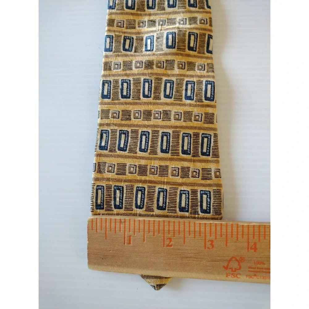 Lands End Neckware Tie‎ Man's Gold Blue Geometric 100% Silk Hand Sewn